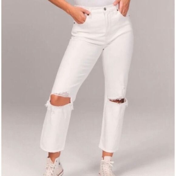 Abercrombie & Fitch ankle straight ultra high rise white distressed jeans 28s - Picture 1 of 12